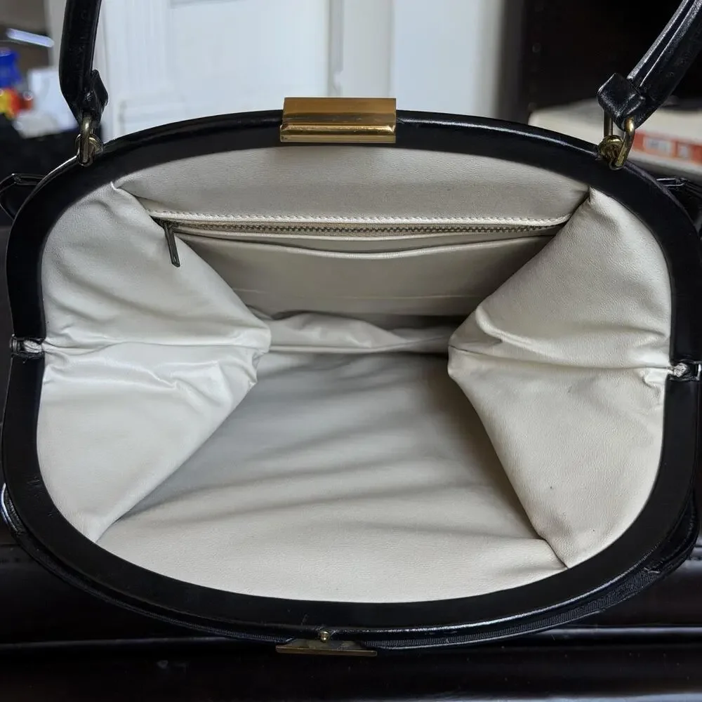 Leather Top Handle Bag Womens Medium Black Gold Hardware Formal Evening Purse